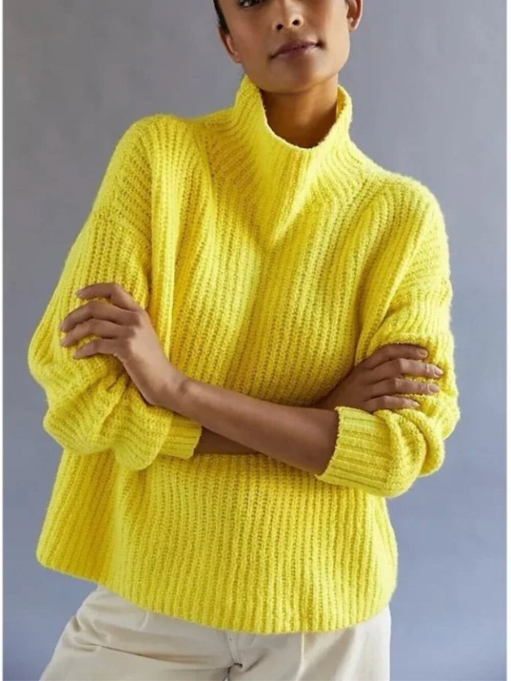 Anthropologie Funnel Neck Chunky Knit Sweater, XS, Bright Yellow